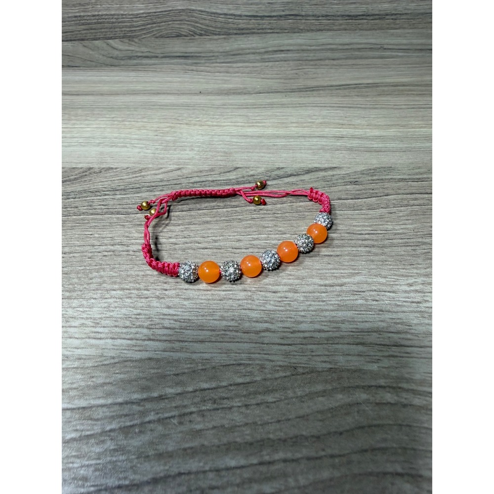Boho Pink Macrame Bracelet Orange Beads Silver Pave Crystal Disco Ball Gift